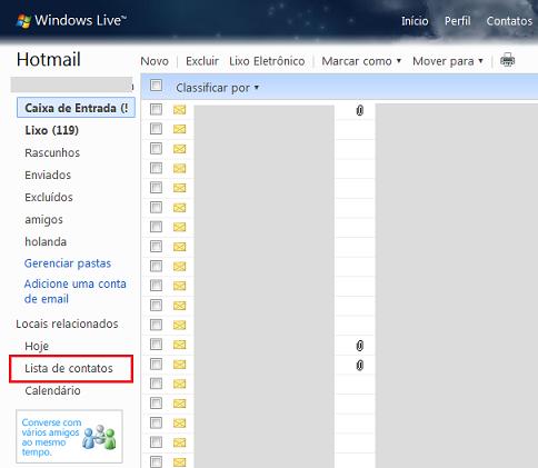 No Hotmail clique em Lista de Contatos